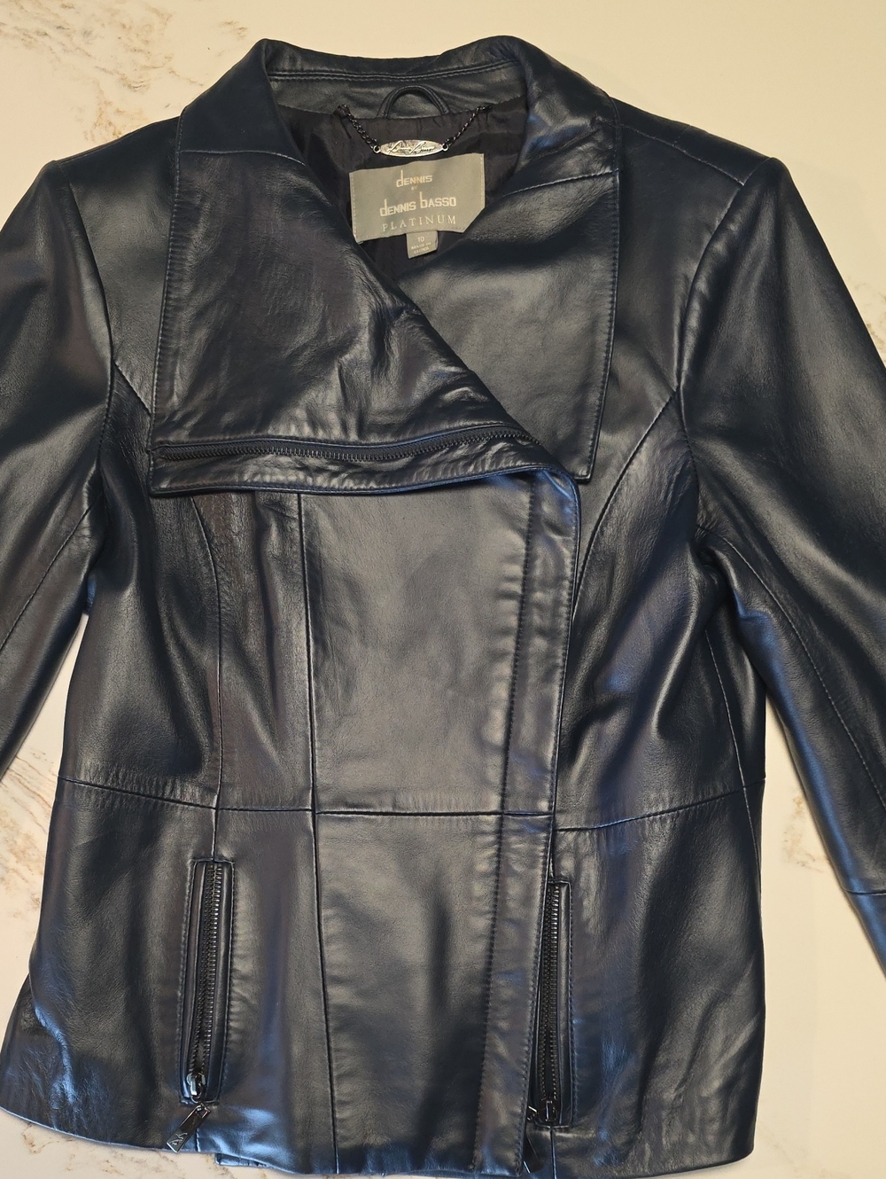 Dennis Basso Black Leather Asymmetric Zip Jacket Women 10